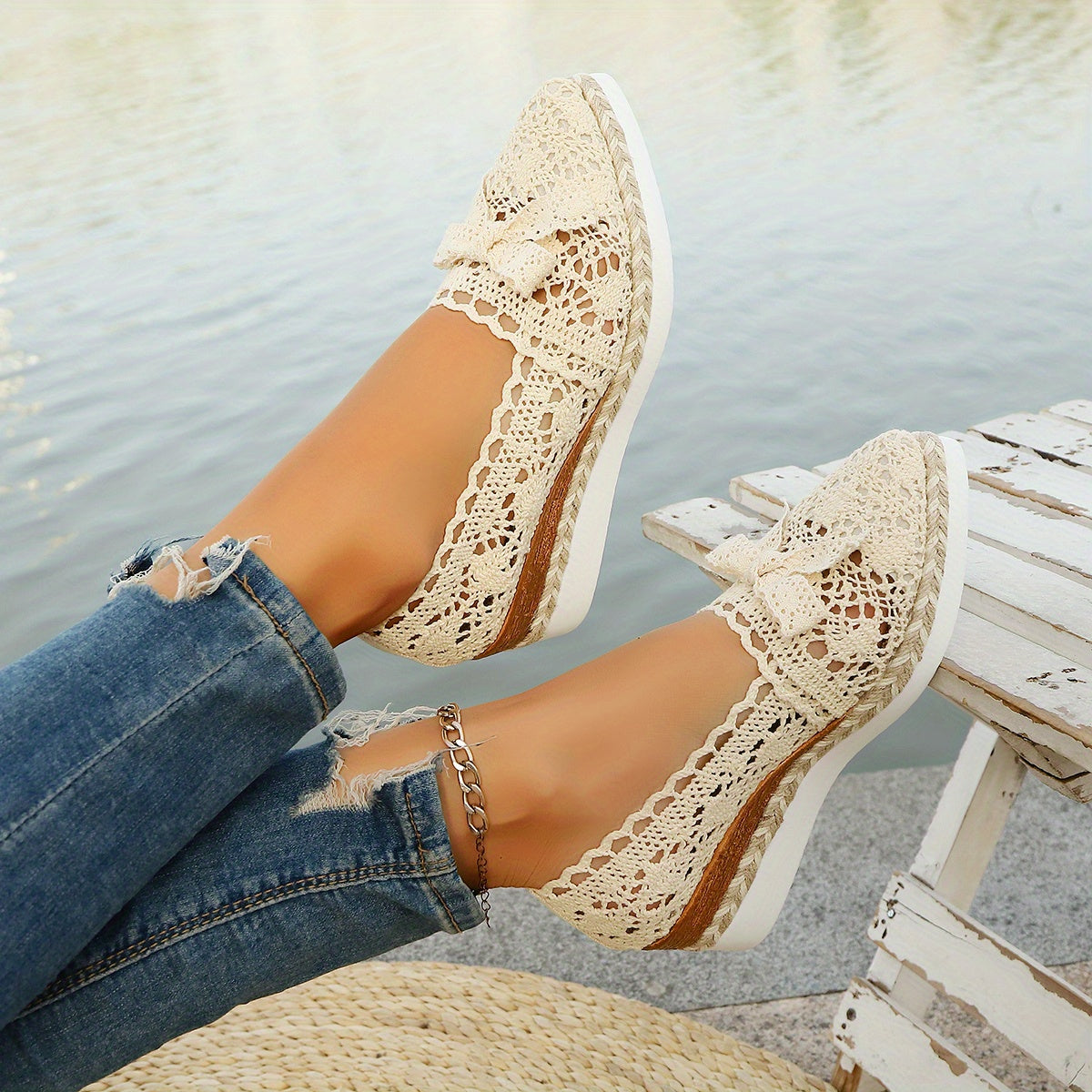 Women's Beige Floral Wedge Heeled Loafers with Rope Sole