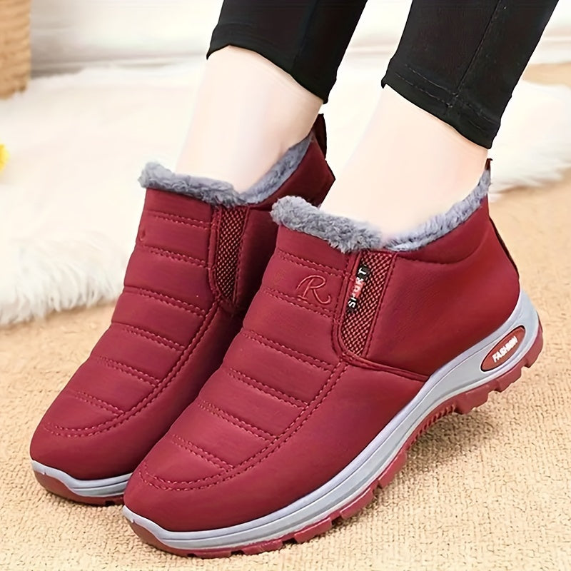 Women's Winter Snow Boots Fleece-Lined Slip-On Solid Color Rubber Sole