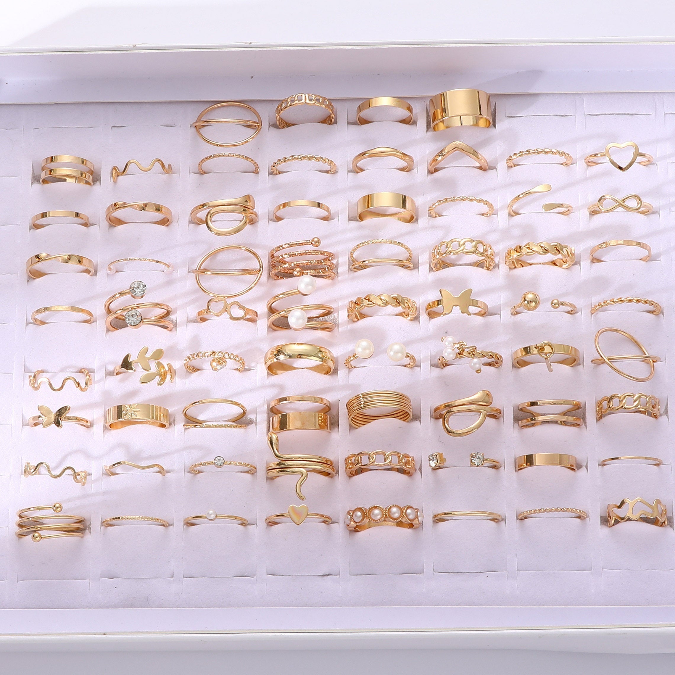 Stackable Ring Set with Faux Pearls and Cubic Zirconia in Gold Tone for Women