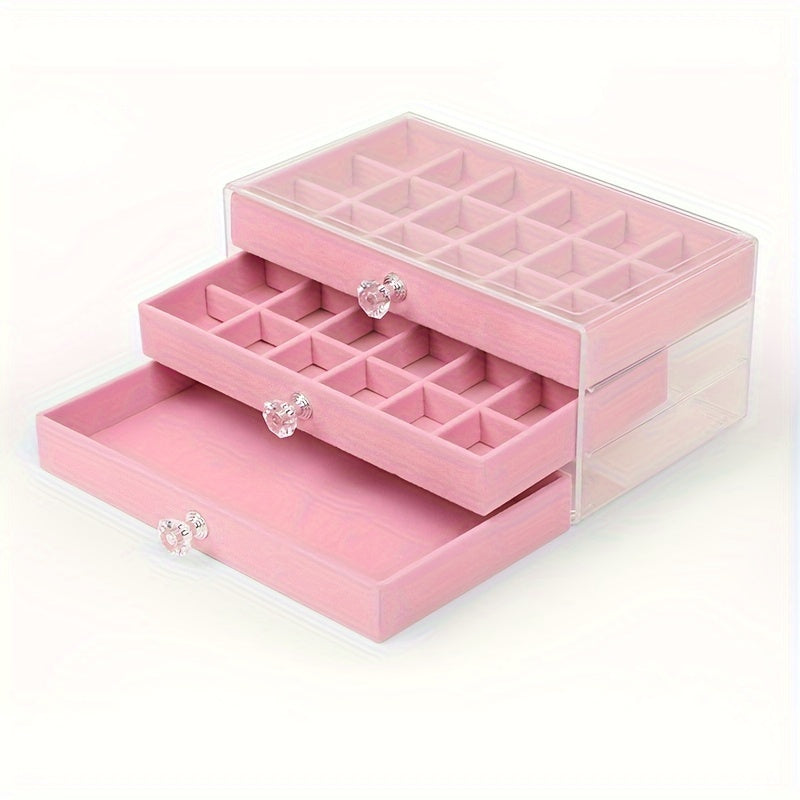Organizador de joyas de acrílico con cajón de forro suave para collares, pendientes y anillos, azul claro y rosa