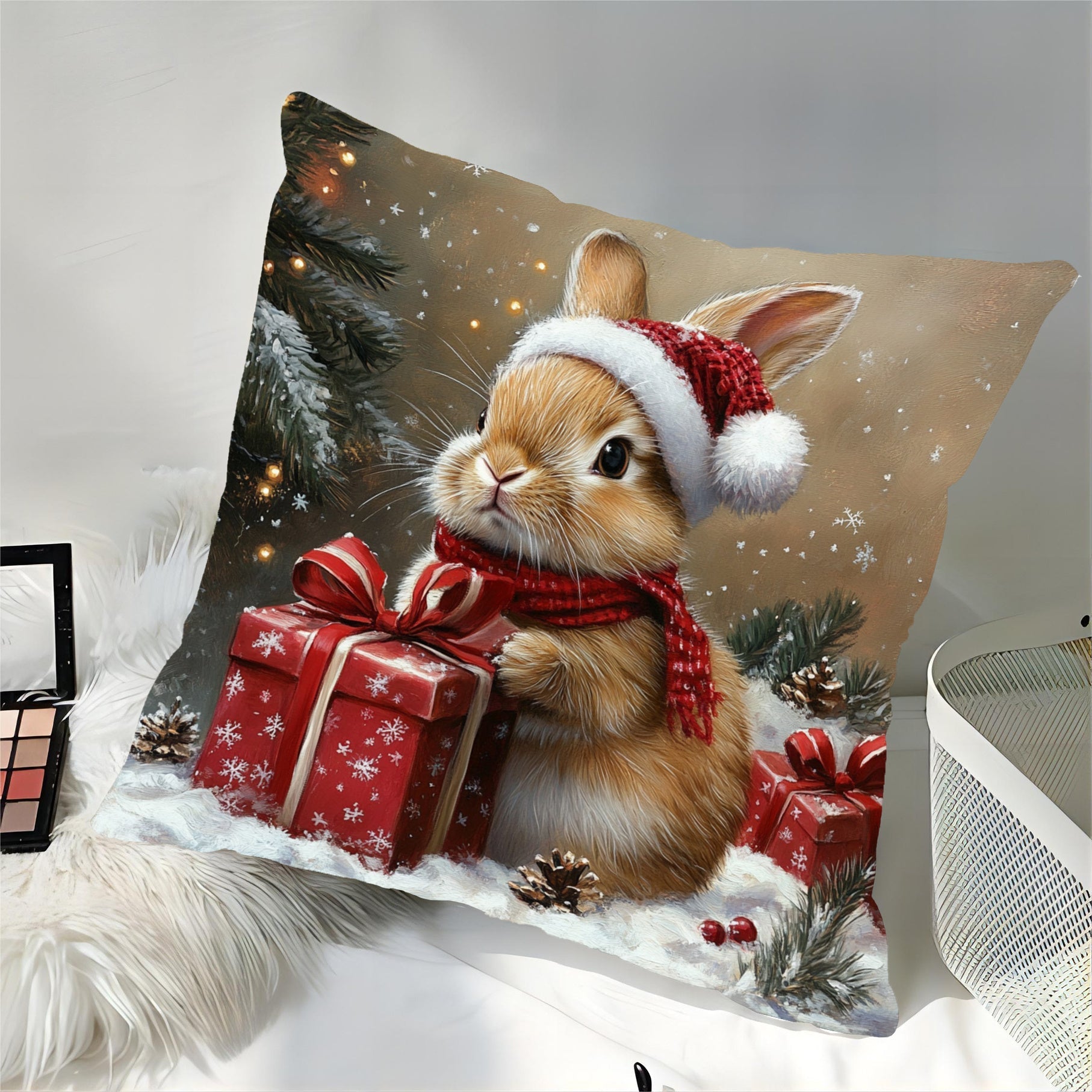 Short Plush Decorative Pillow 45.72cm Brown Rabbit Christmas Sofa Bedroom Decor