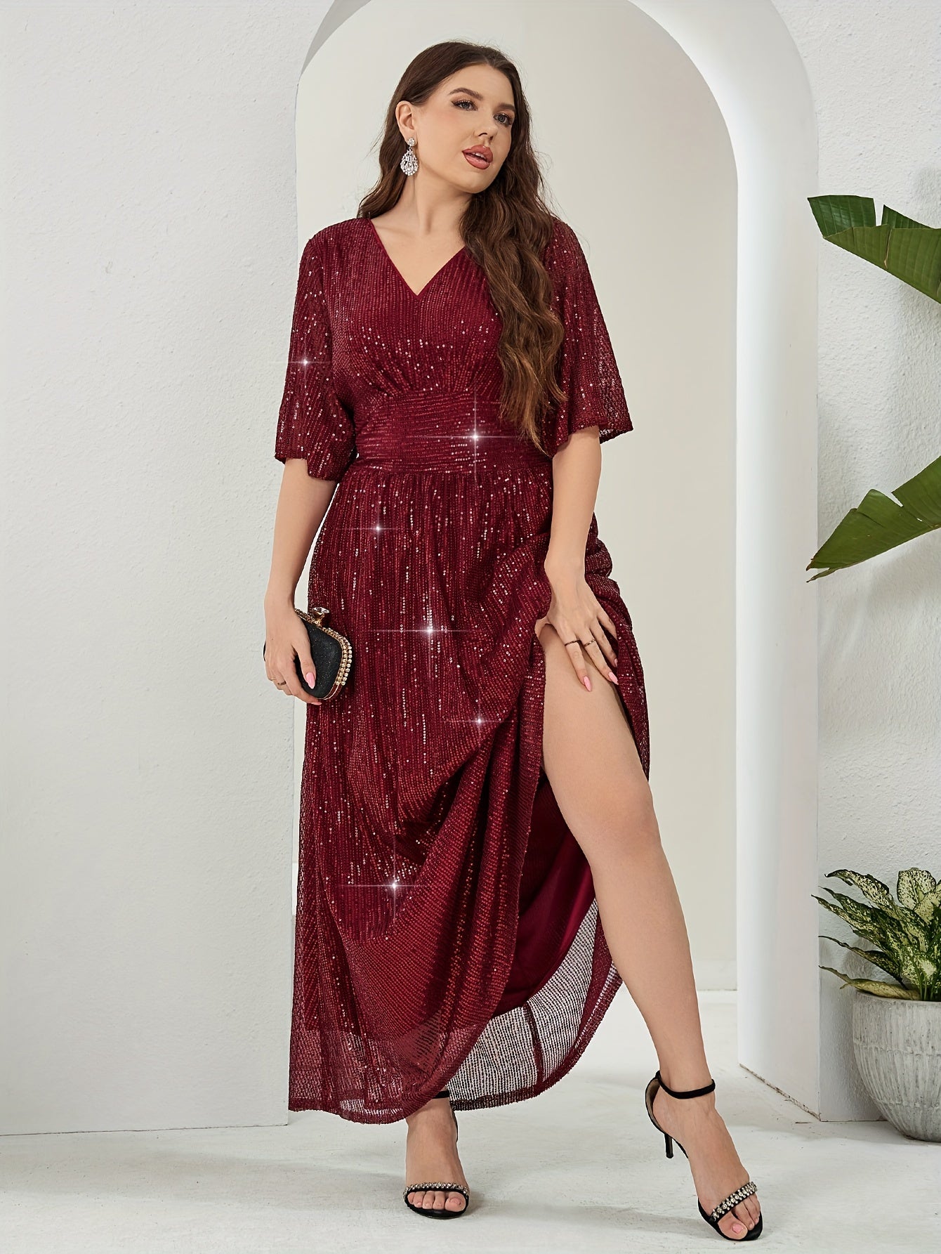 Plus Size Sequin V-Neck Maxi Dress with Half Sleeves and Zipper for All Seasons