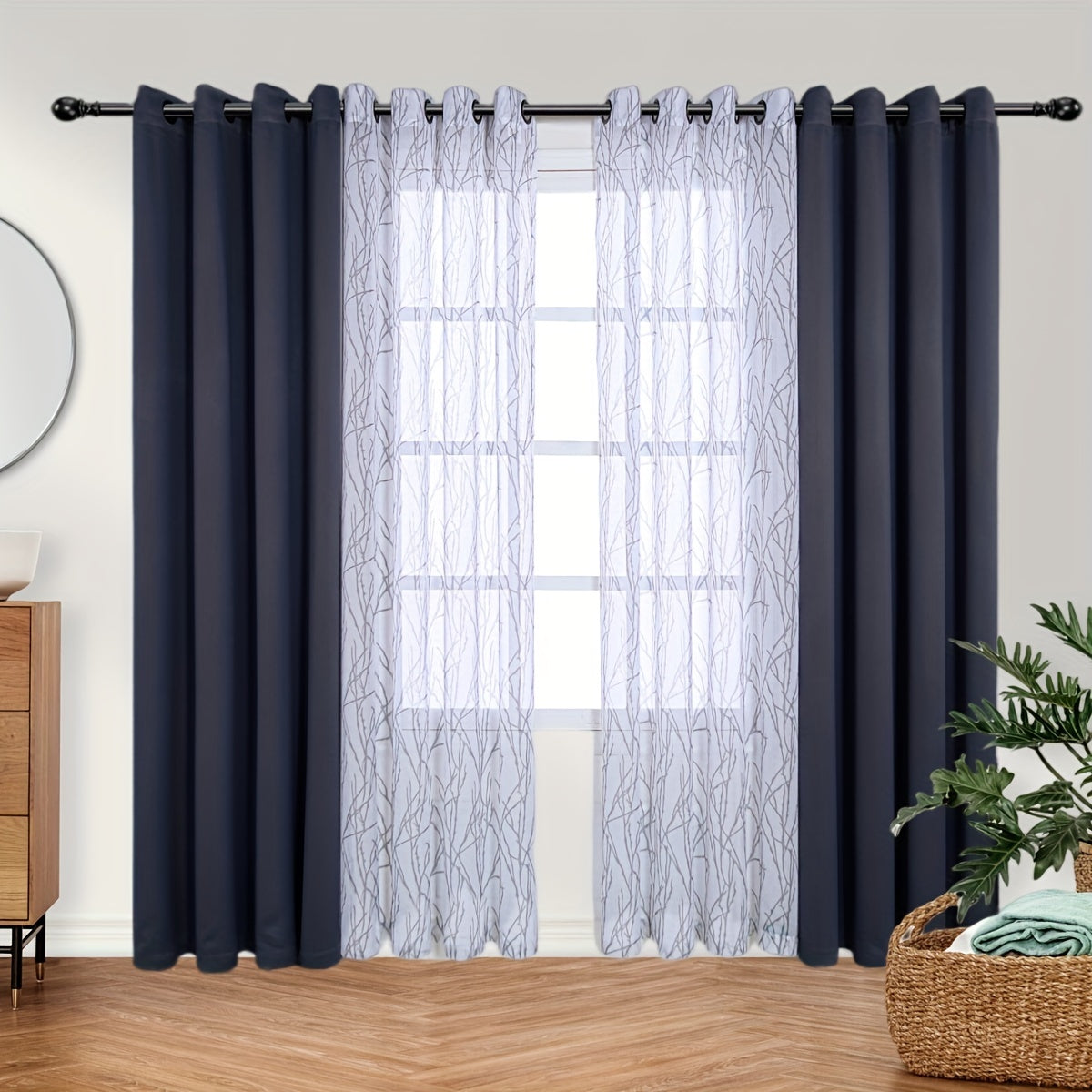 Set of 2 Bedroom Living Room Curtains Blackout Sheer Grommet 54x84 Dark Gray