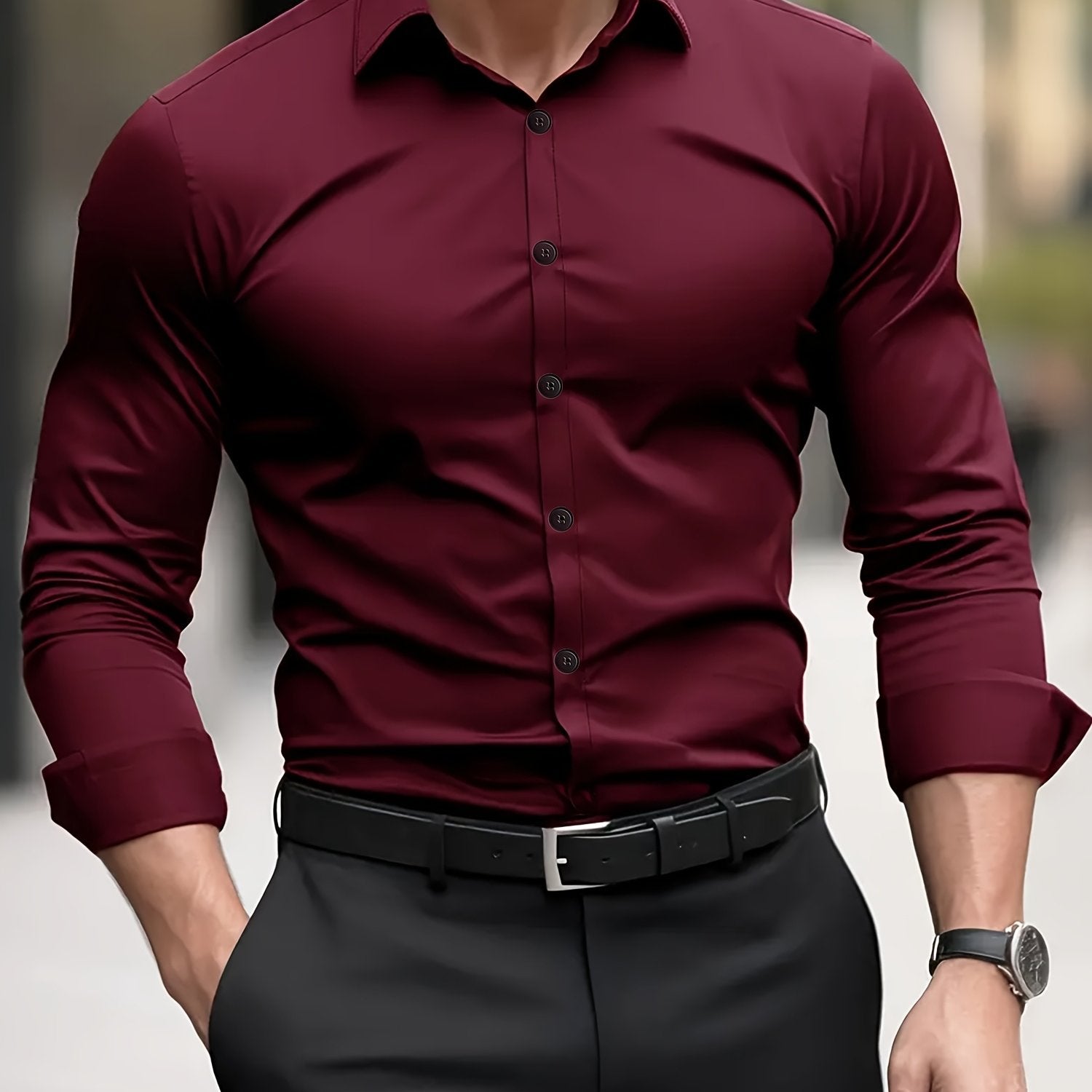 Men's Dark Gray Semi-Sheer Polyester Dress Shirt Long Sleeve Business Casual for Spring Fall