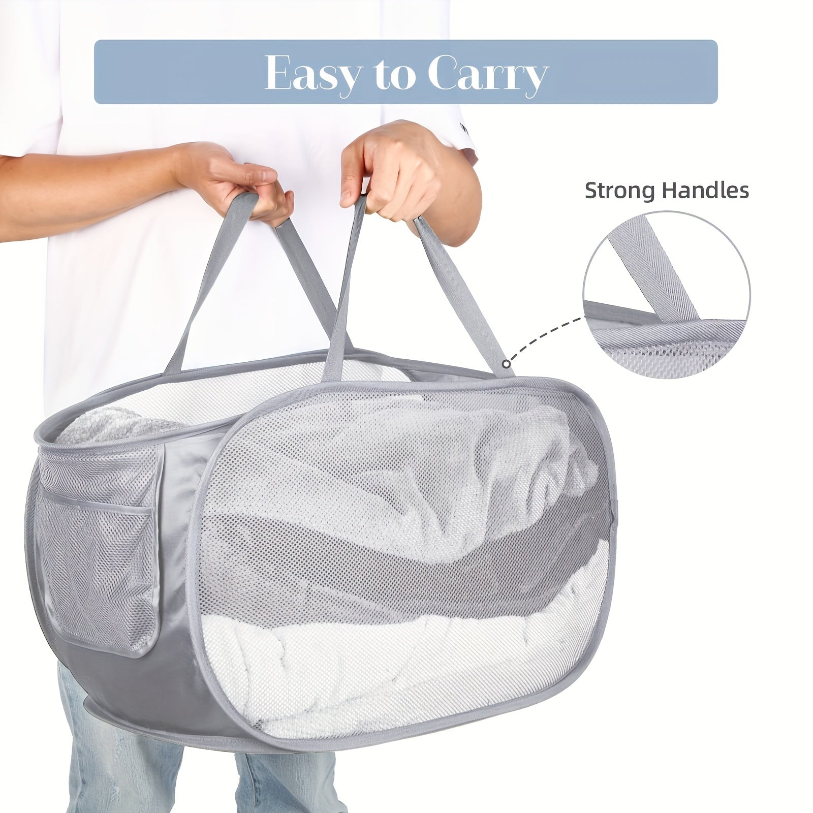 Foldable Mesh Laundry Basket with Handles for Clothes and Toys Storage