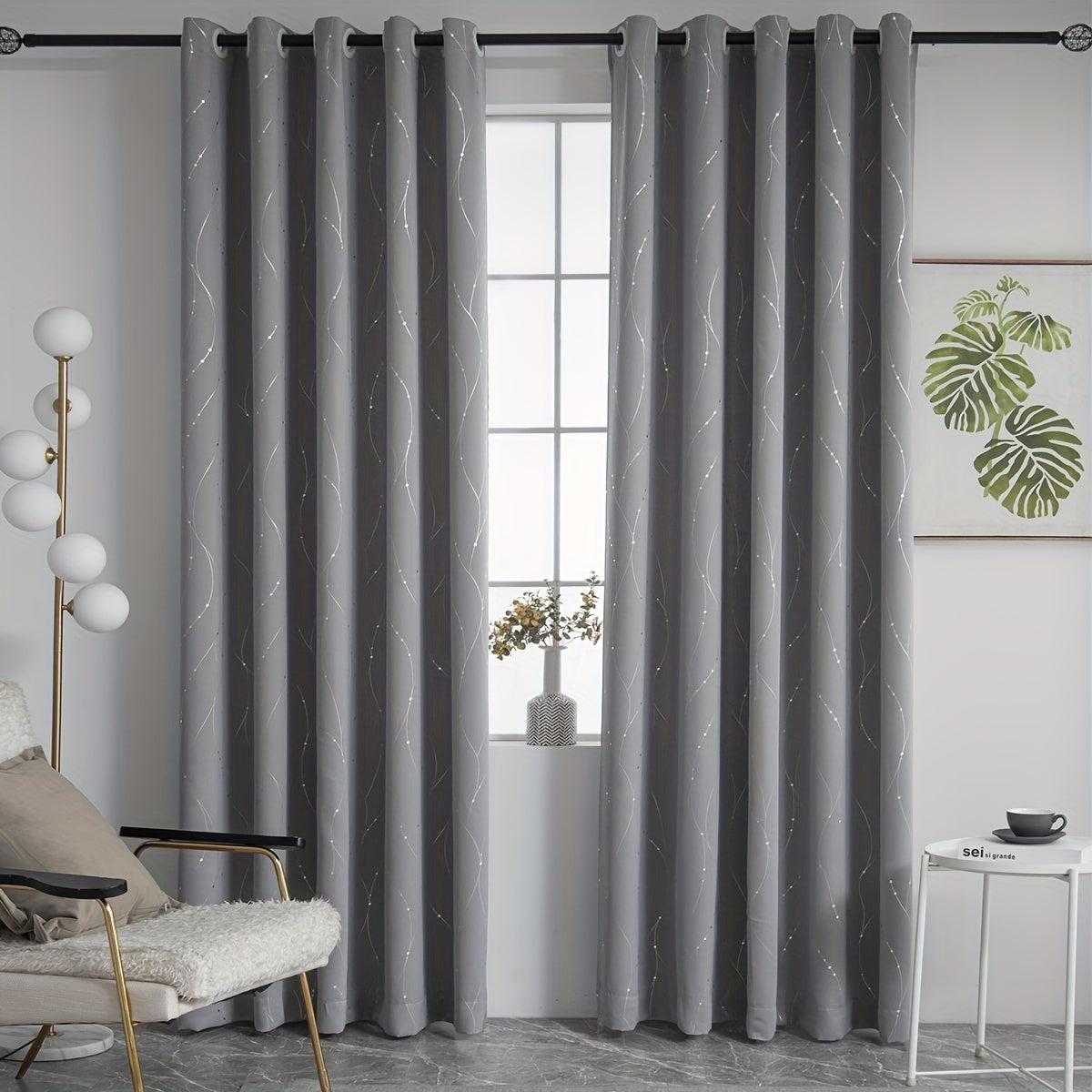 Blackout Curtain Elegant Silvery Wave Line Pattern Blackout Curtain for Living Room Bedroom Kitchen Bathroom
