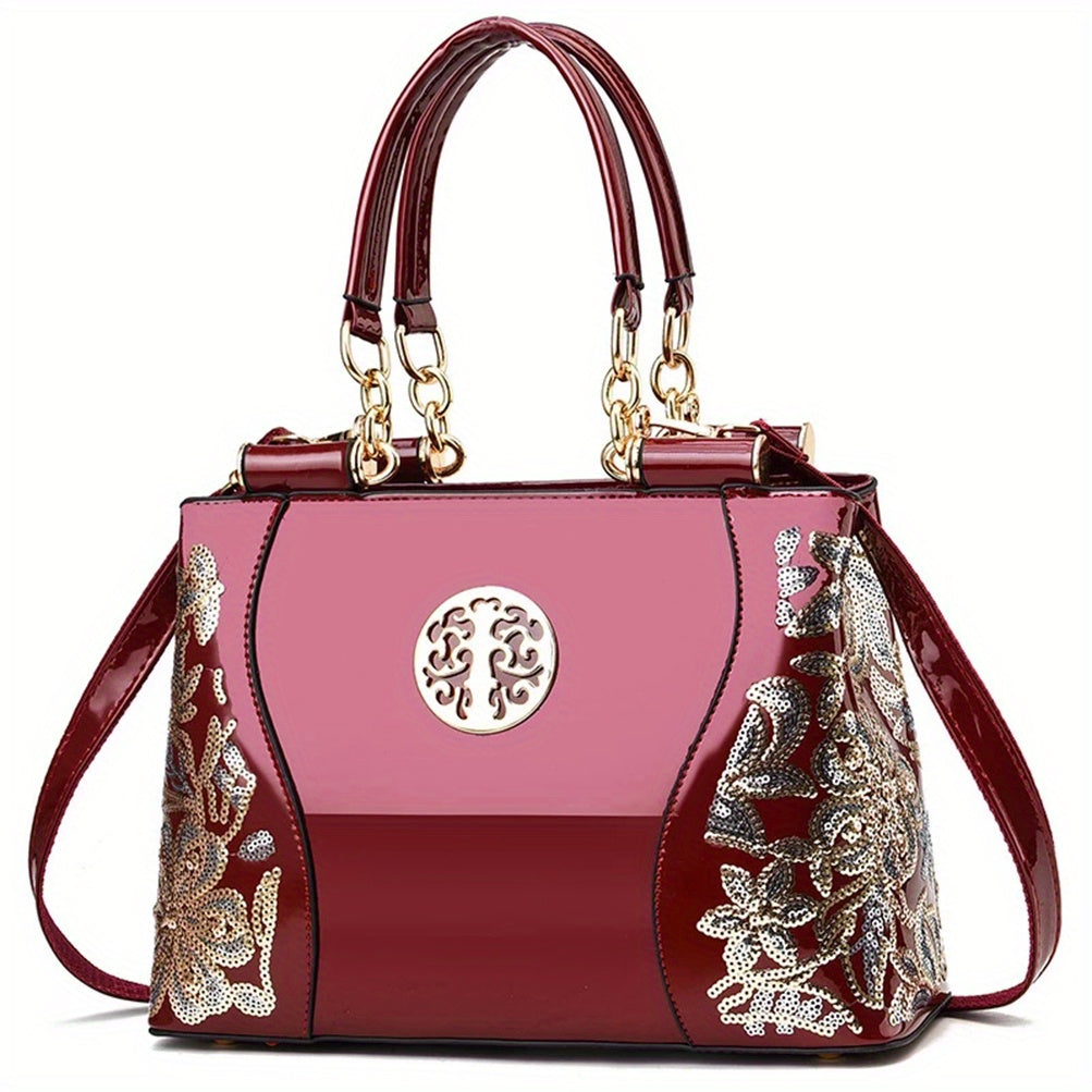 Sequined Flower Pattern Tote Bag for Women Zipper Adjustable Strap Festival Handbag