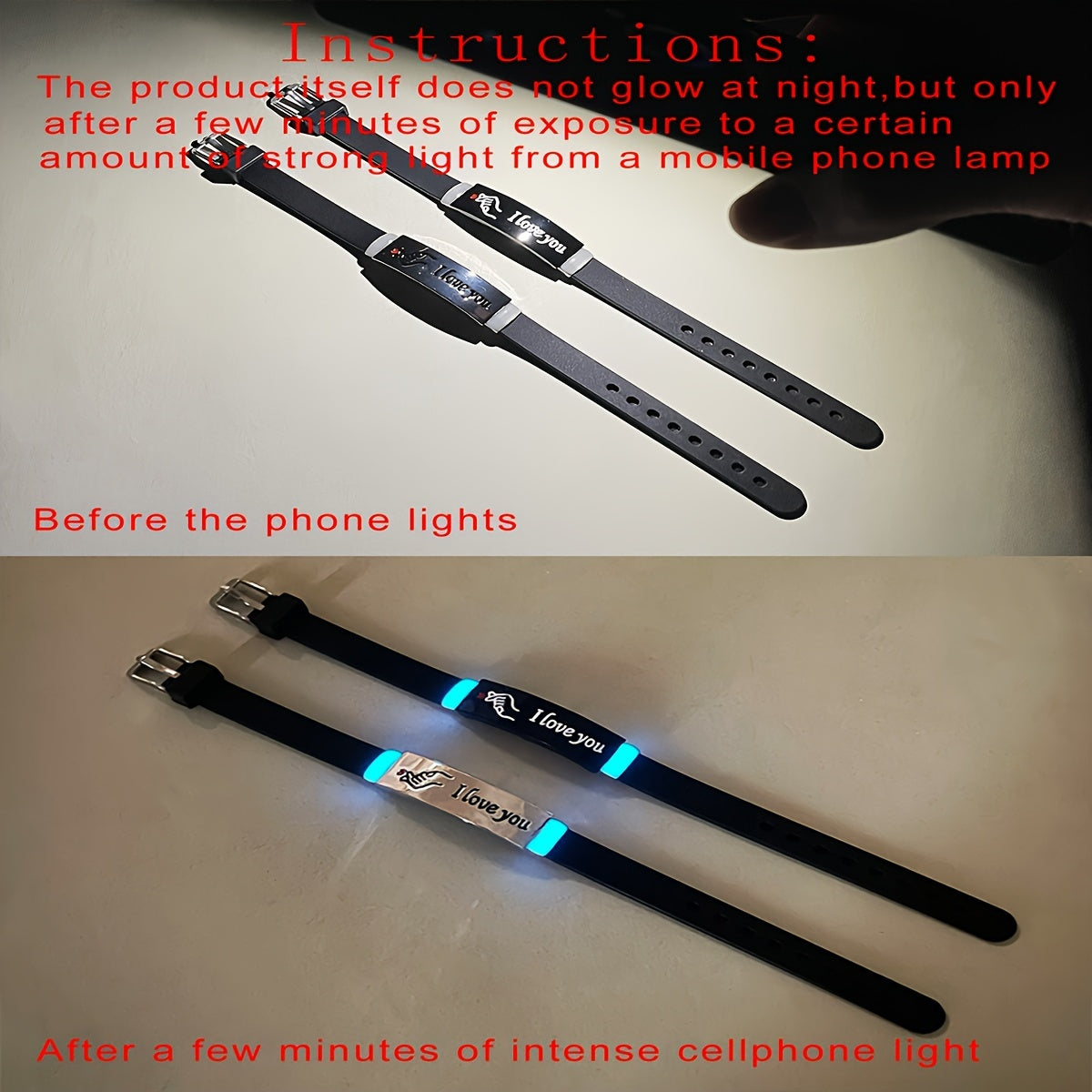 Pair of 2 Glow-in-the-Dark Silicone Couple Bracelets with Hand Heart Gesture