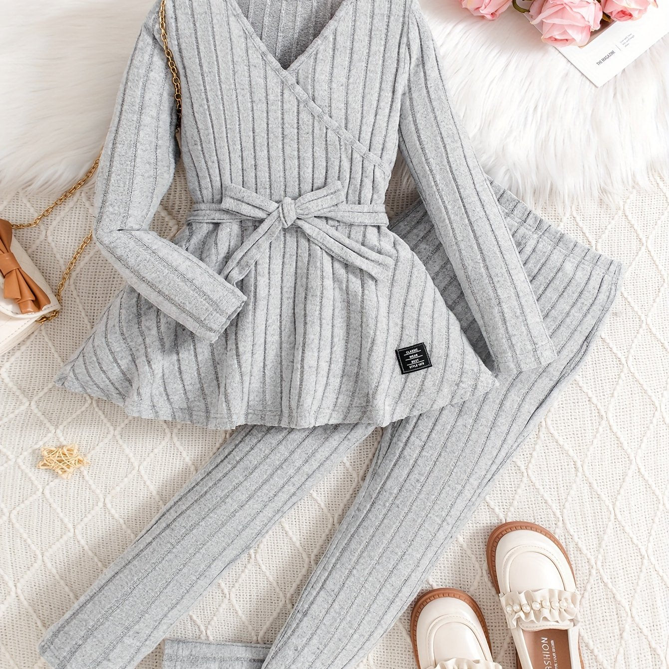 Leggings de rayas de punto de costilla ajustado para niñas primavera verano, con estiramiento medio y amigables con la piel