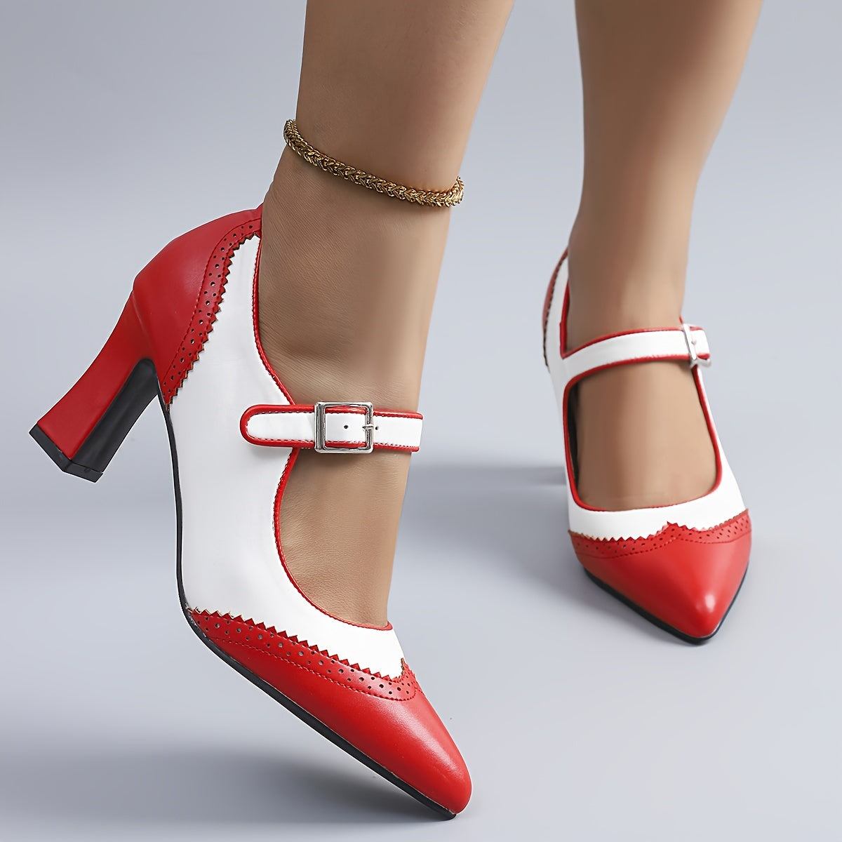 Women's Leather Pointed Toe Pumps Vintage Chunky Heel Formal Shoes