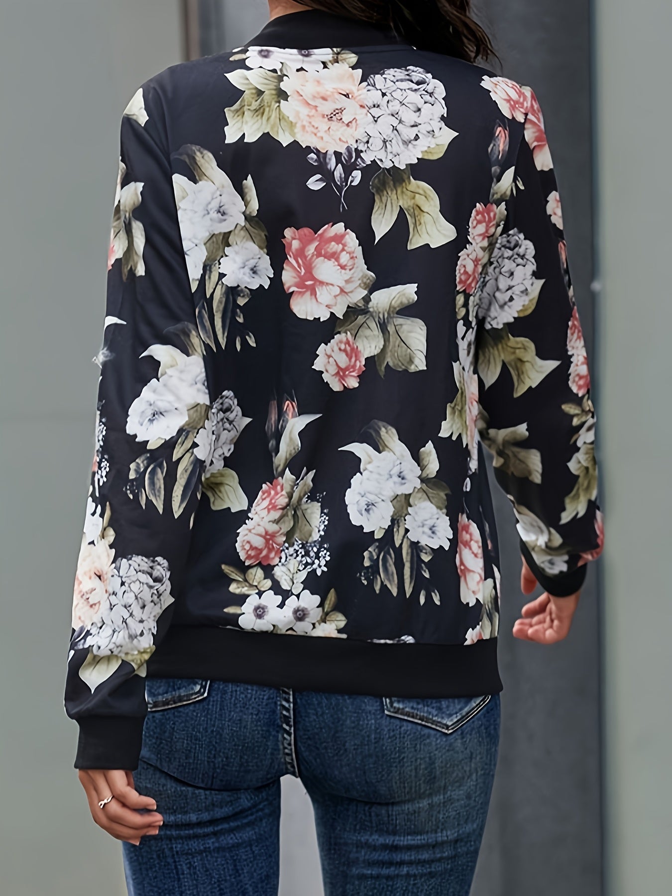 Толстовка на молнии для женщин больших размеров с цветочным принтом, длинные рукава, черная, розовая, белая