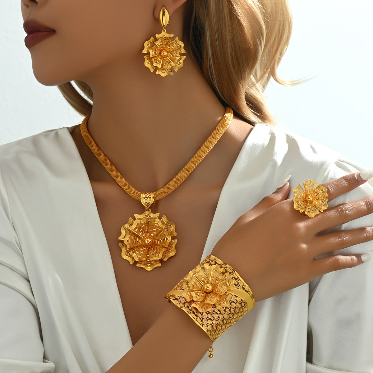 Gold Bridal Jewelry Set with Flowers Bracelets Rings Earrings Necklaces for Weddings