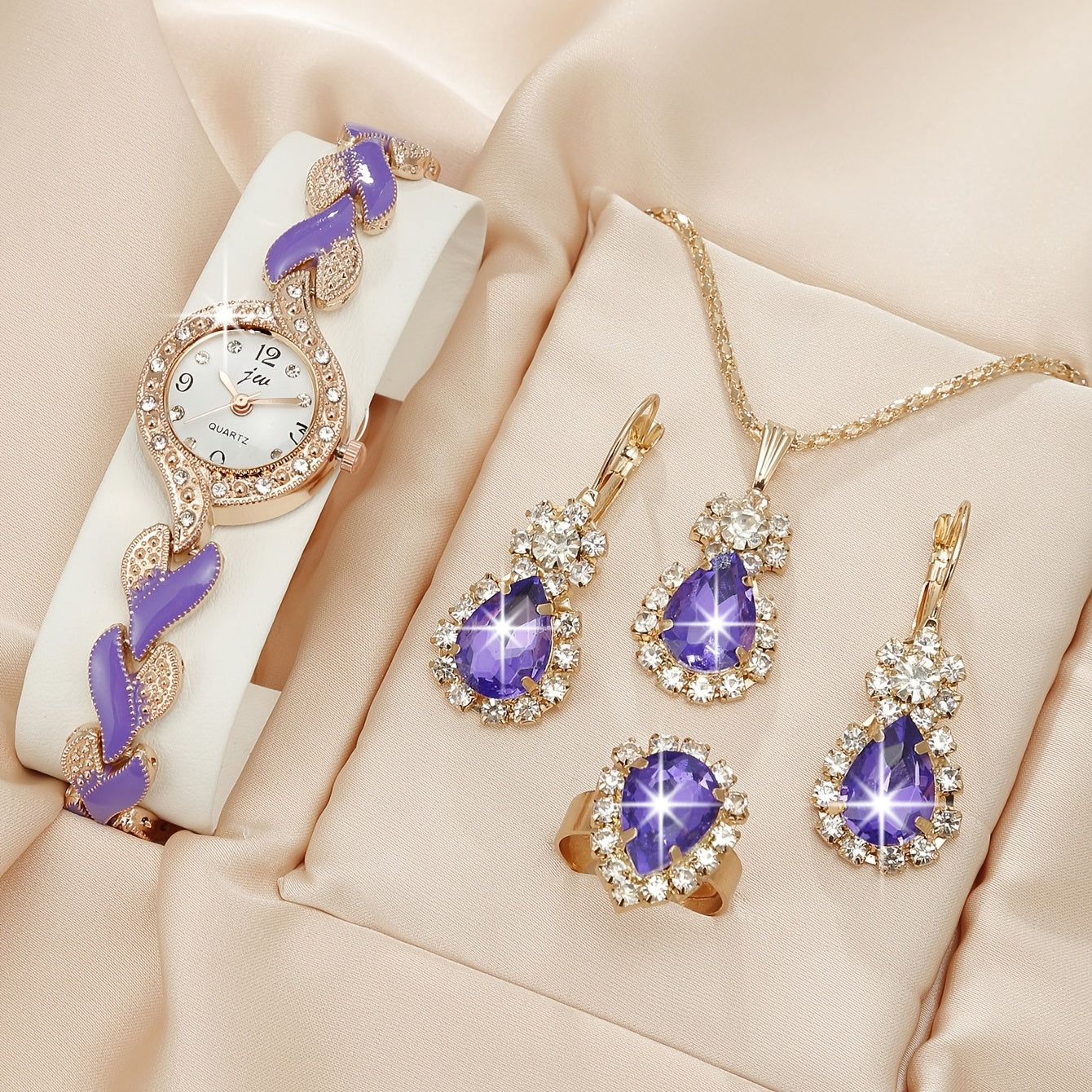Women’s Rhinestone Quartz Bracelet Watch and Baroque Jewelry Set 5 Pieces