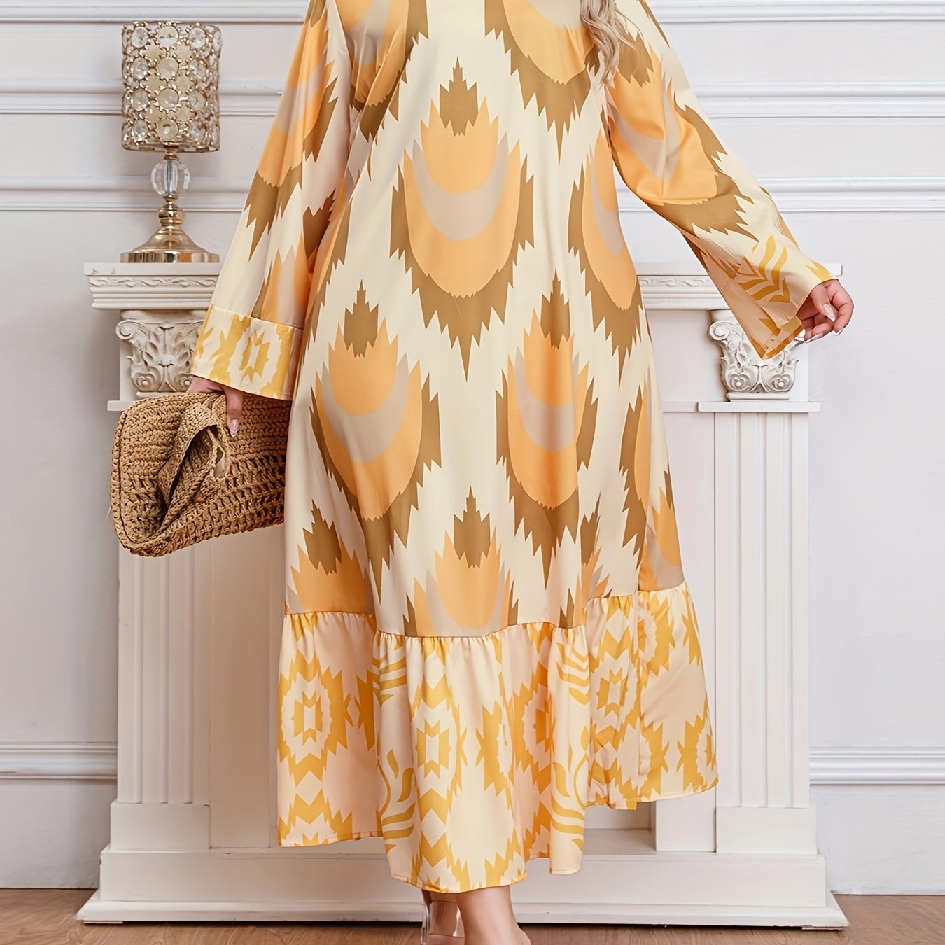 Women's Plus Size Geometric Pattern Kaftan Dress V Neck Long Sleeve