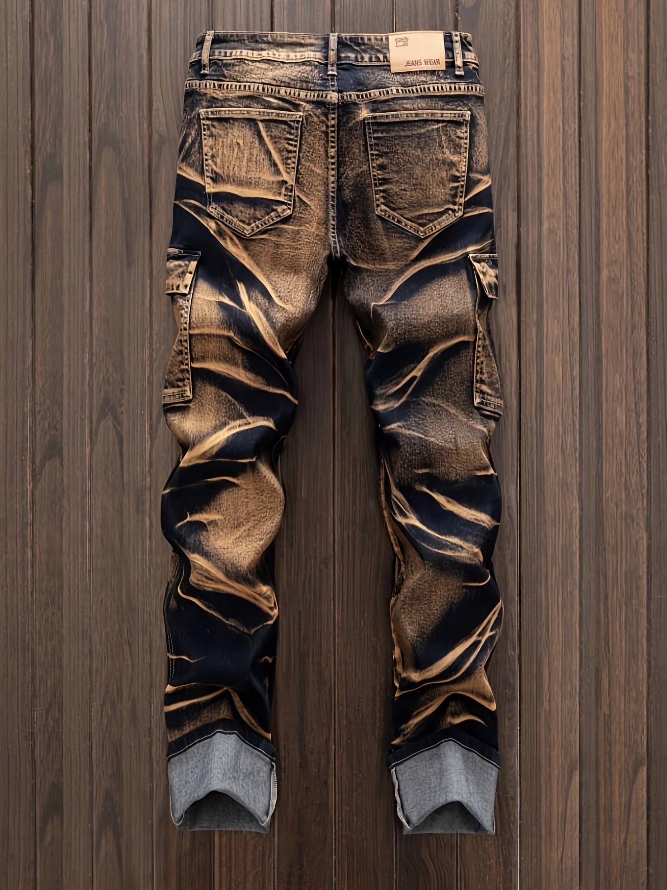 Men's Vintage Washed Denim Cargo Pants Regular Fit Striped Heavyweight Fabric Plus Size