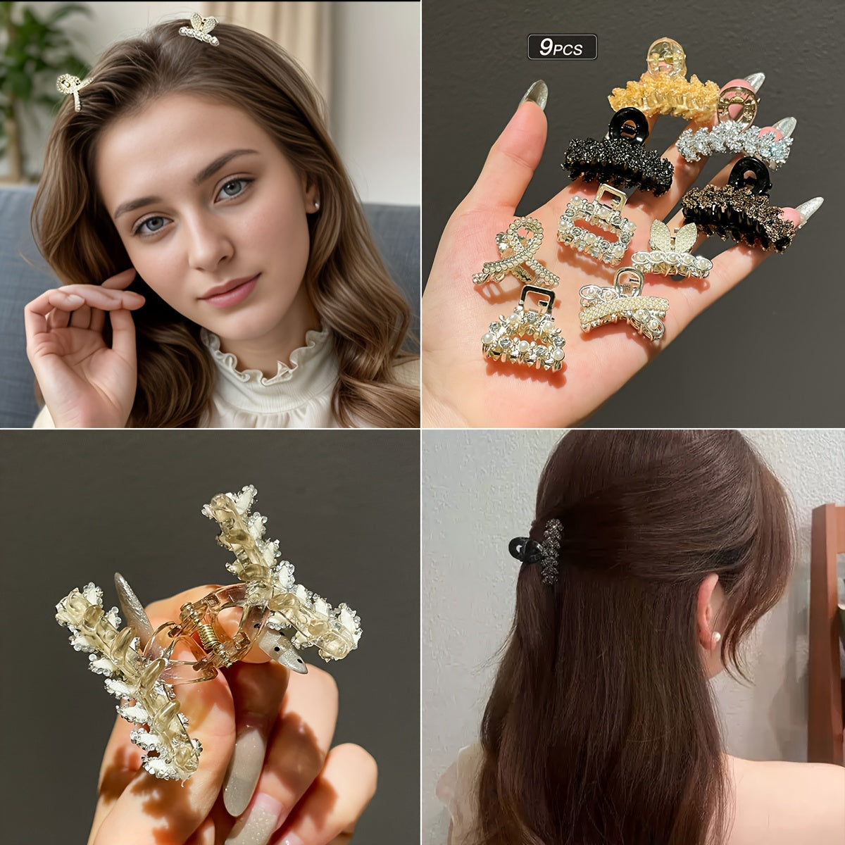 9pcs Women's Elegant Solid Color Alloy Hair Clips Small Rhinestone Accessories