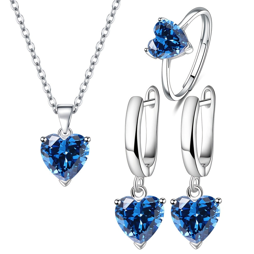 Women’s Sterling Silver Heart-Shaped Blue Zirconia Jewelry Set for Weddings