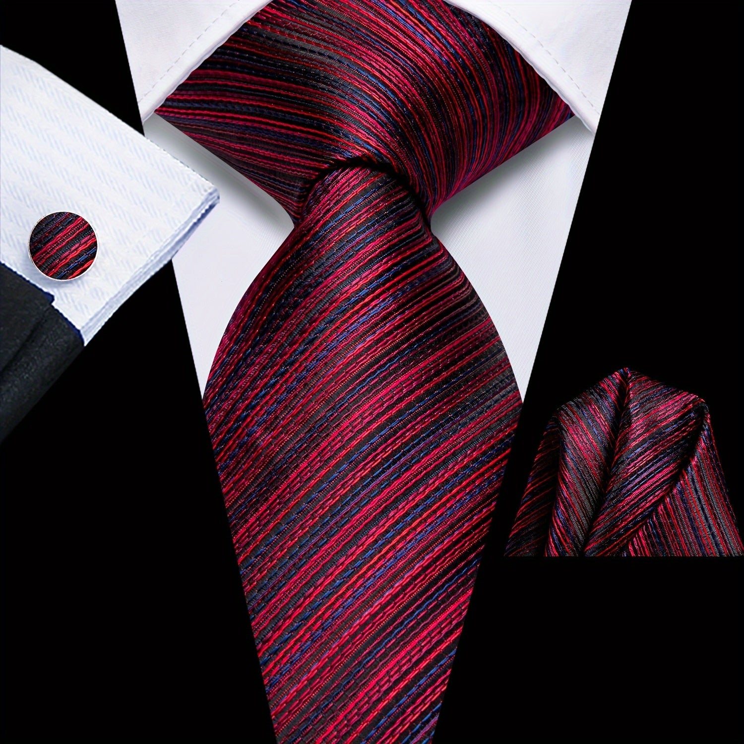 Men's Classic Striped Necktie Set with Cufflinks for Business and Party
