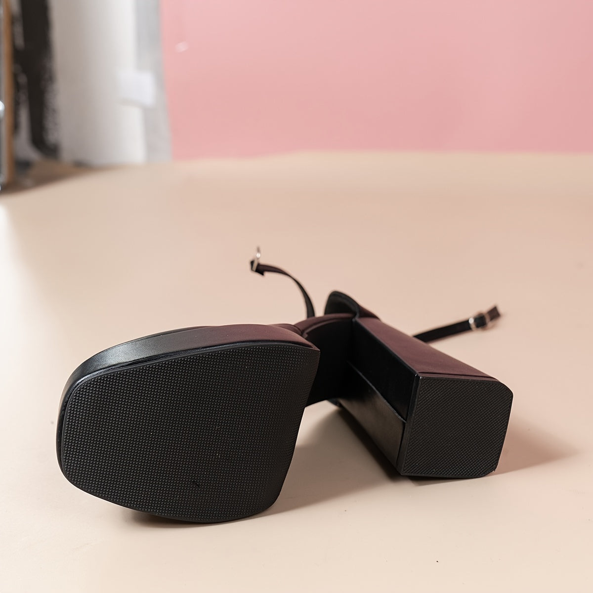 Women's Black Beige Glossy Square Toe High Heel Platform Shoes with Buckle Strap