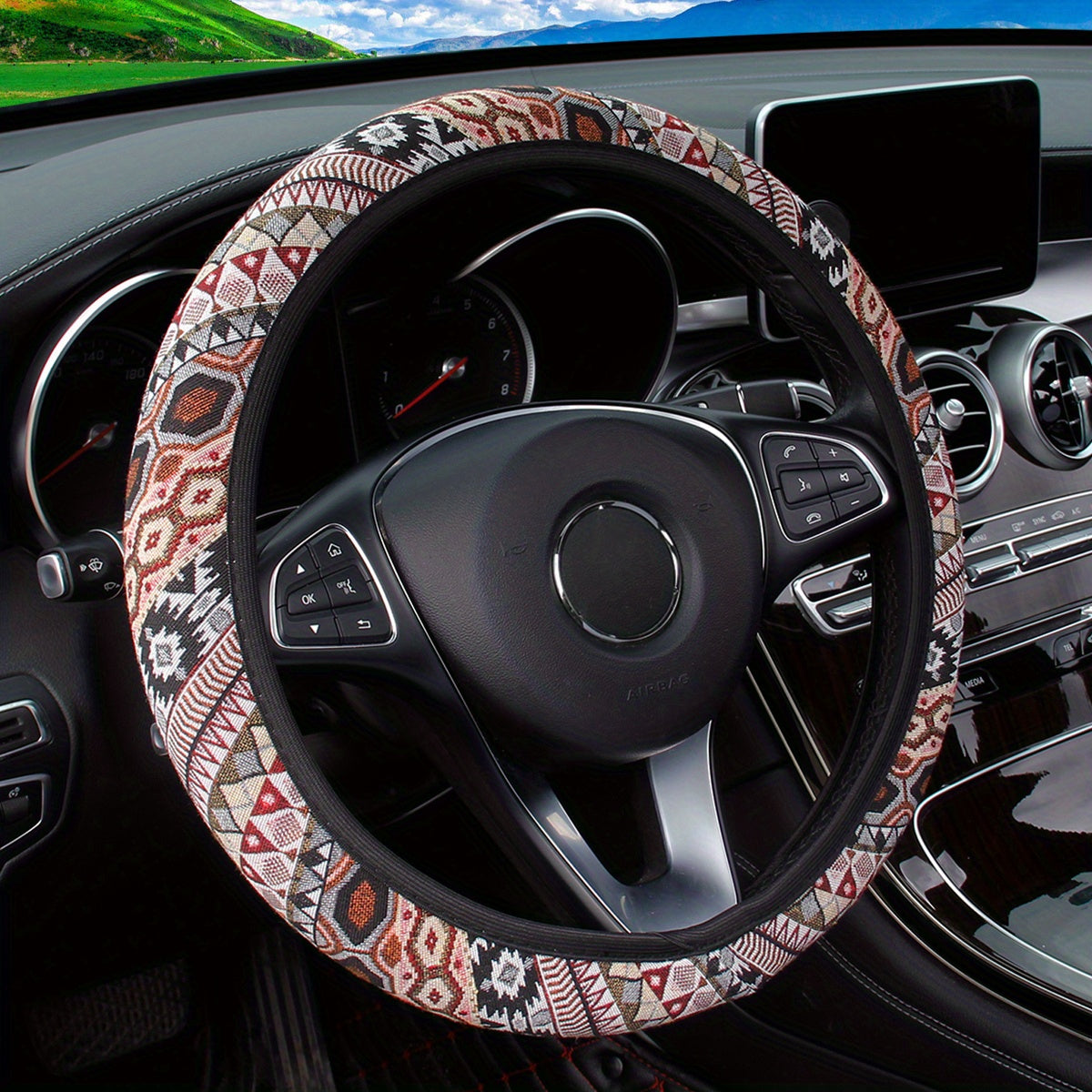 Unisex Bohemian Breathable Ethnic Fabric Car Steering Wheel Cover Polyester Fiber