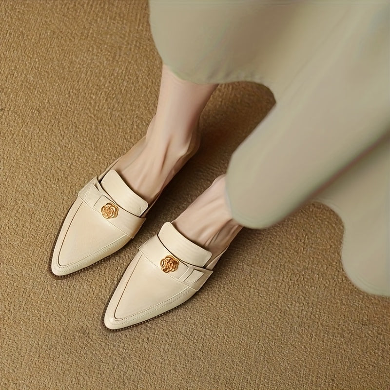 Women’s Floral Retro Pointed Toe Slip-On Mules White Brown Stylish Comfortable