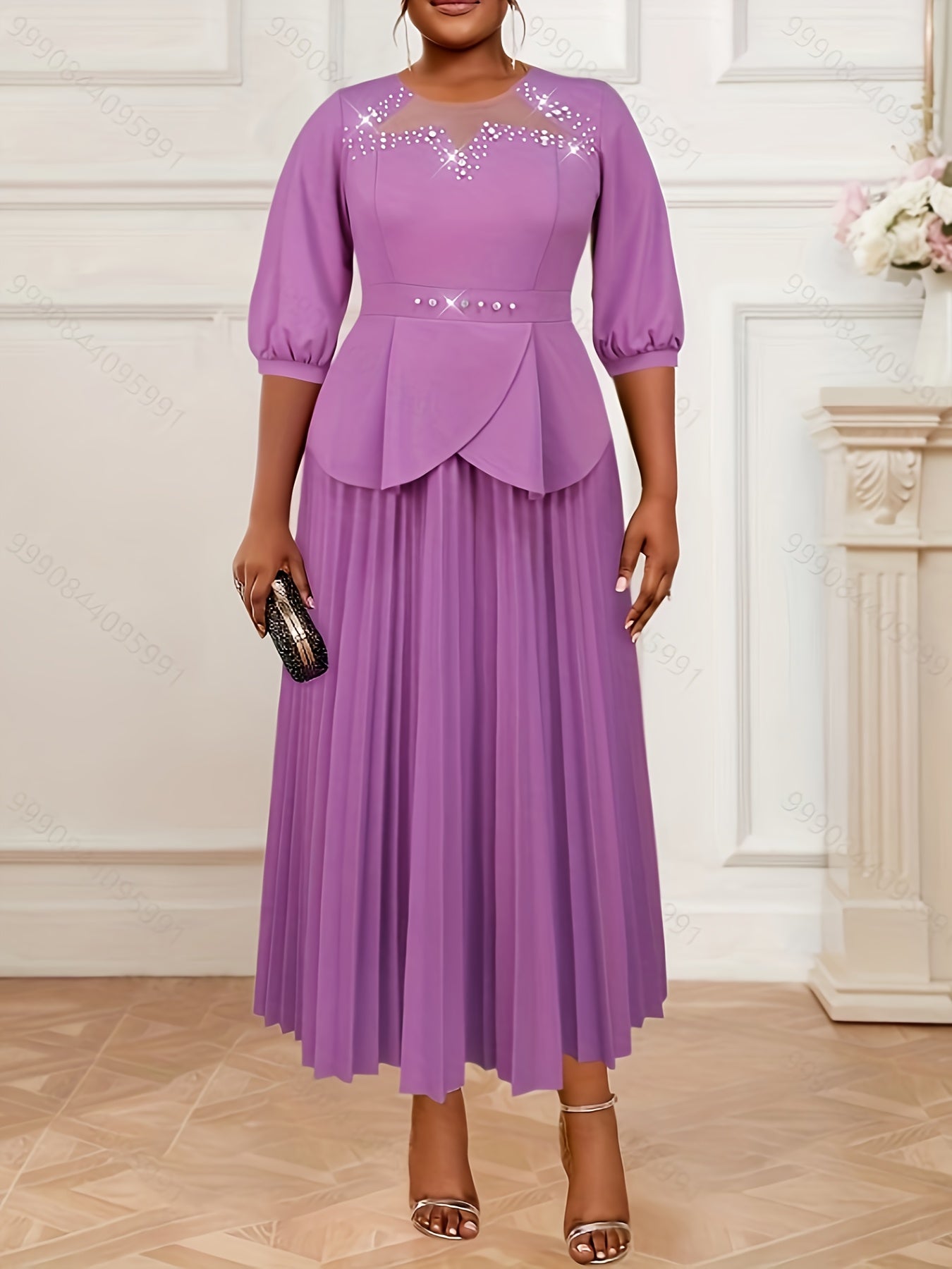 Ladies Purple Three-Quarter Sleeve Evening Gown Beaded Rhinestones Weddings