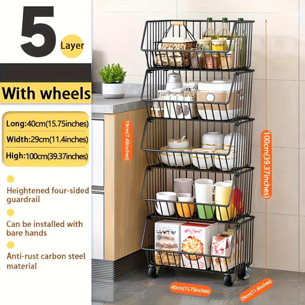 Metal Storage Cart with Wheels Multi-Tier Organizer for Condiments Toiletries Snacks and Fruits