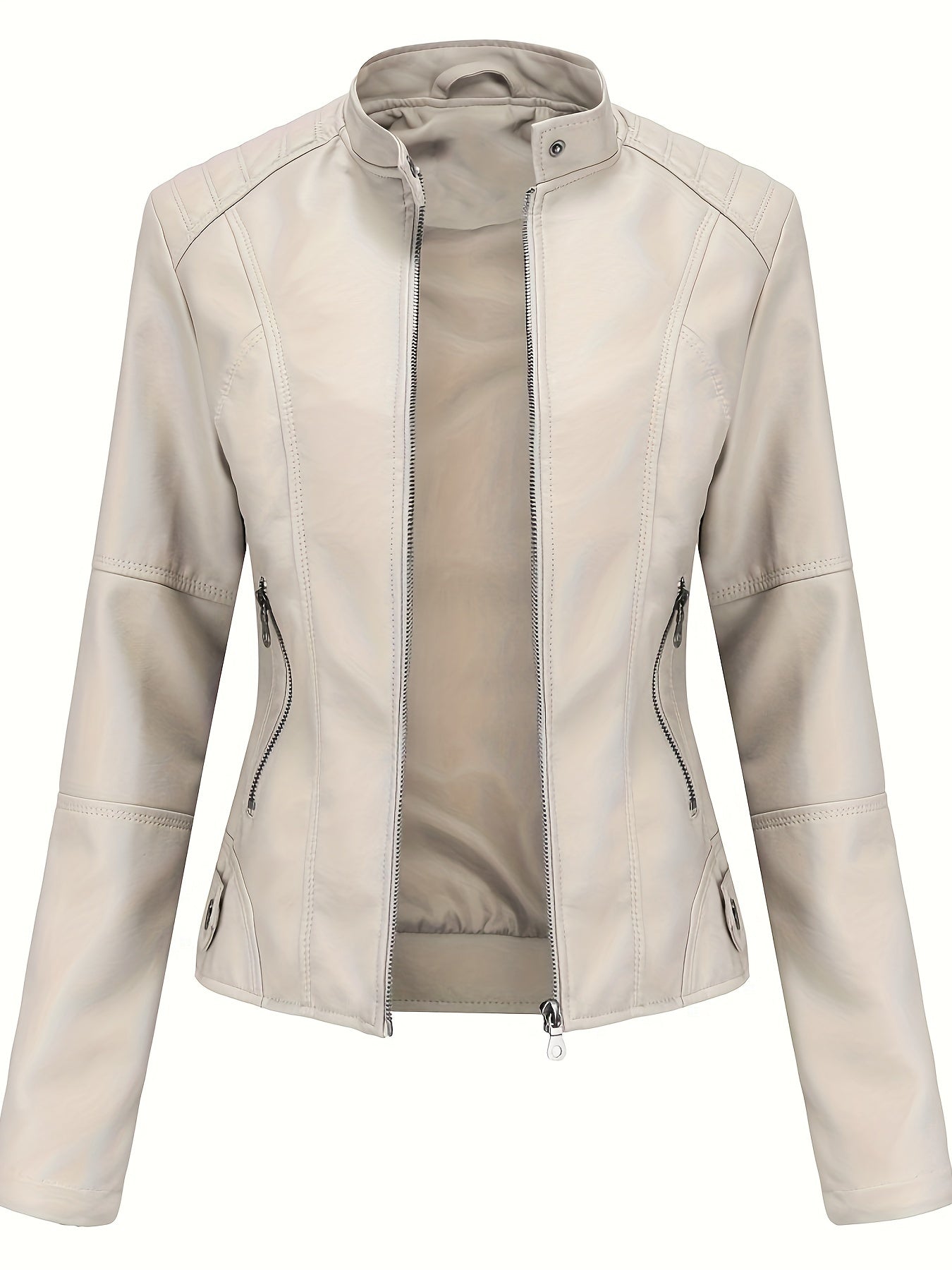 Women's Beige Biker Style Jacket for Spring Fall Zipper Stand Collar Pockets
