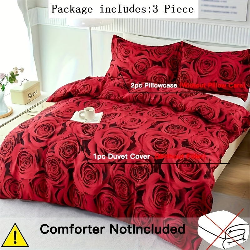 Set of 3 Red Rose Print Duvet Covers Bedding Set with Pillowcases for All Seasons