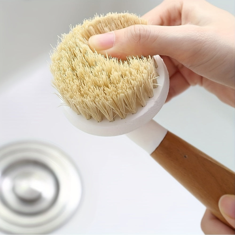 Bamboo Handle Pot Cleaning Brush Long Curved Crank for Cooking Pots