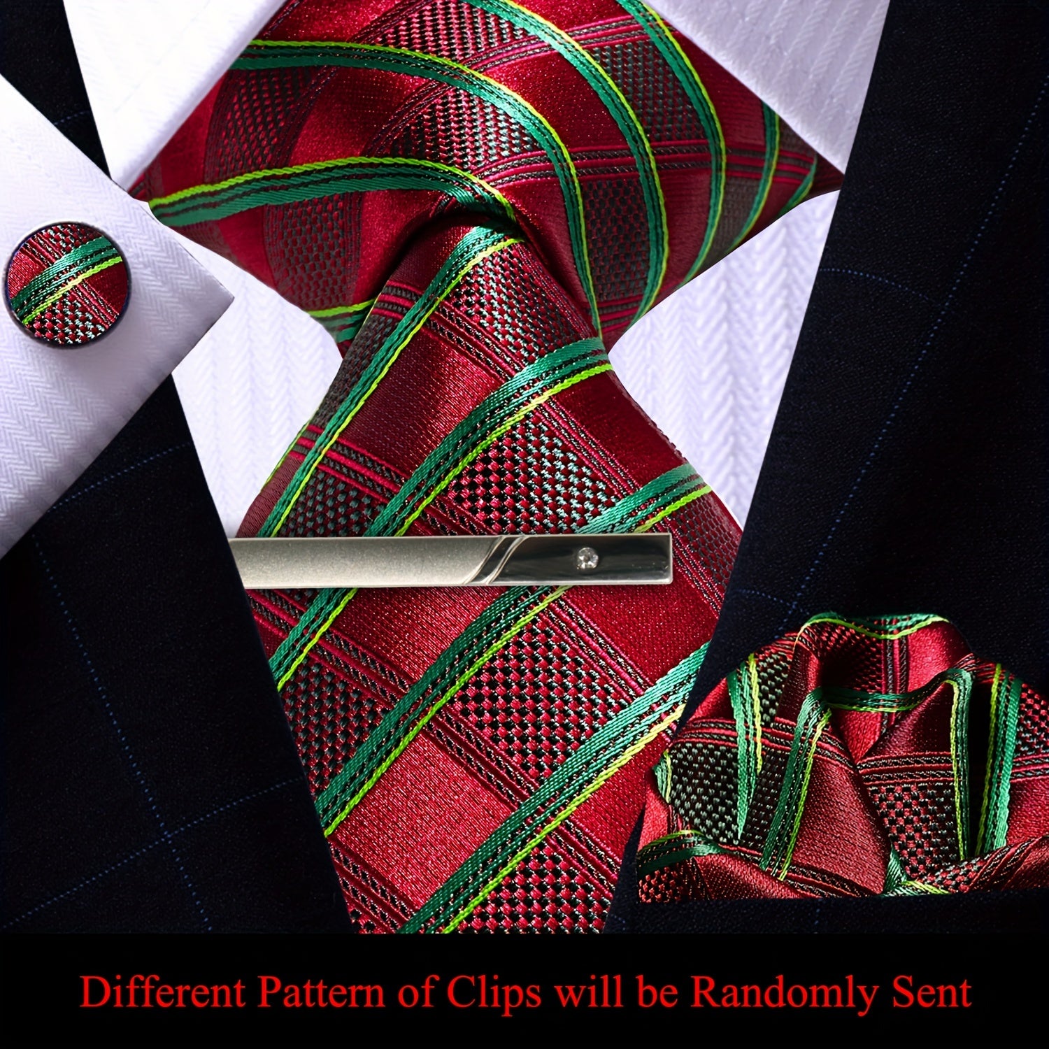 Men's Plaid Tie Pocket Square Cufflinks and Clip Set