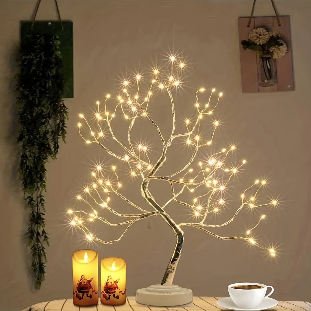 Árbol de bonsái artificial de 50.8cm con luz y 108 luces LED cálidas, doble USB, alimentado por batería, para decoración de dormitorio y ambiente festivo