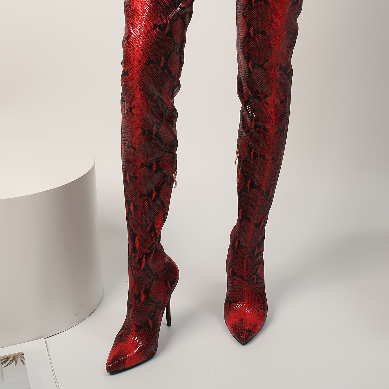 Women's Snakeskin Pattern Over The Knee Stiletto Boots with Side Zipper