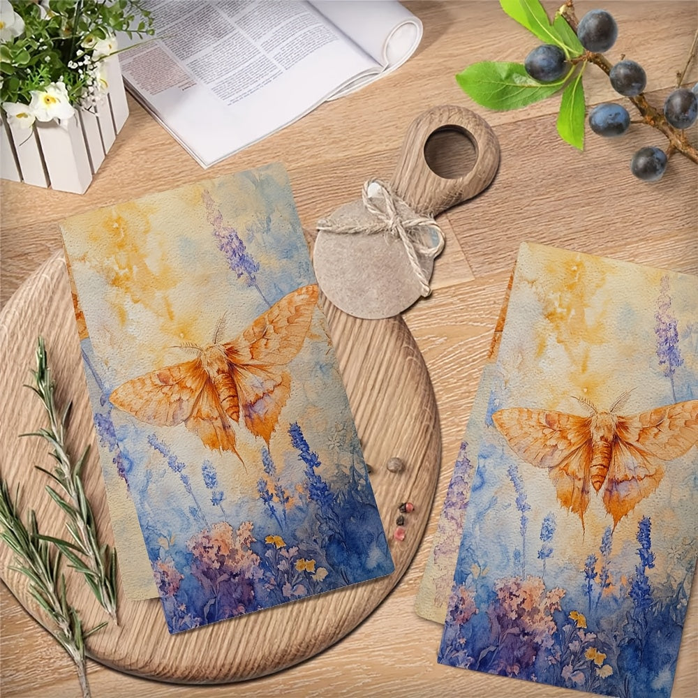 Set of 2 Soft Kitchen Towels with Moth and Floral Design, 16x24 Inches