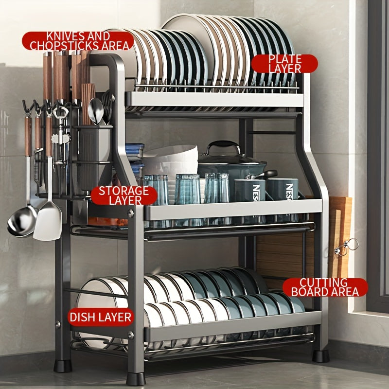 Estante de secado de platos de cocina de una pieza con soporte para tabla de cortar, organizador de utensilios, gran capacidad, a prueba de óxido, gris