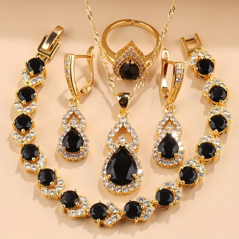 5-Piece Jewelry Set Teardrop Earrings Pendant Bracelet Ring Necklace Gold Plated Copper Gift for Her