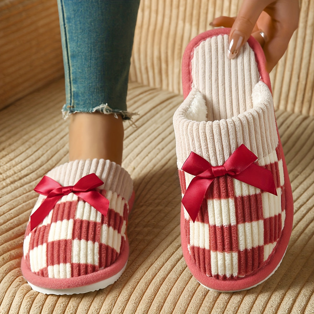 Women's Checkered Knit Slippers with Bow Non-Slip Sole Indoor Comfort