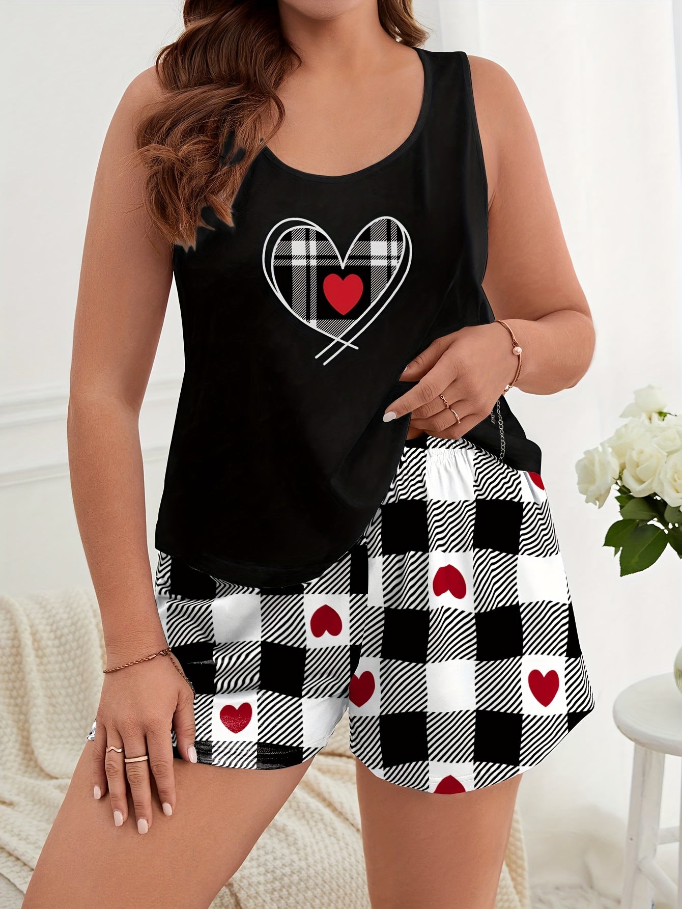 Plus Size Women Casual Pajama Set Heart Pattern Sleepwear 2pcs
