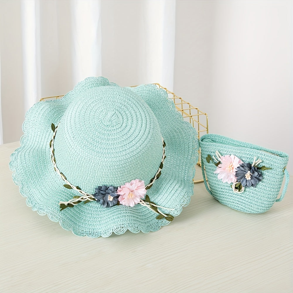 Girls' Straw Hat Set with Flower Decoration and UV Protection for Summer Beach Vacation