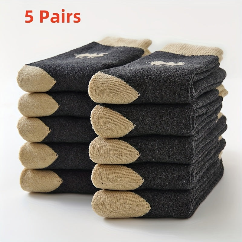 Men's Thermal Crew Socks 5 Pairs Cotton Blend Camel Pattern Warm Comfortable