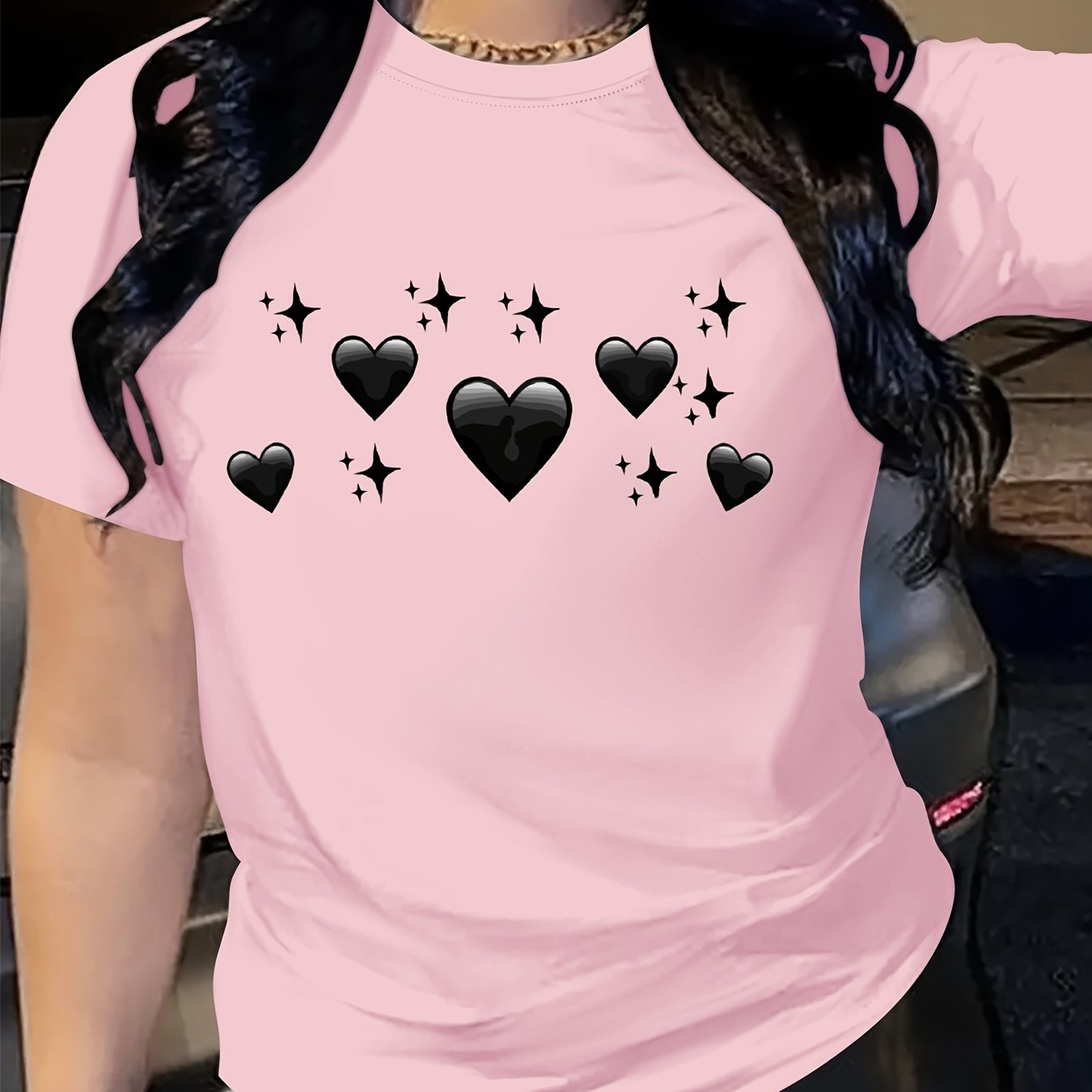 Women's Oversized Bright Pink T-Shirt with Black Heart & Star Print Casual Top