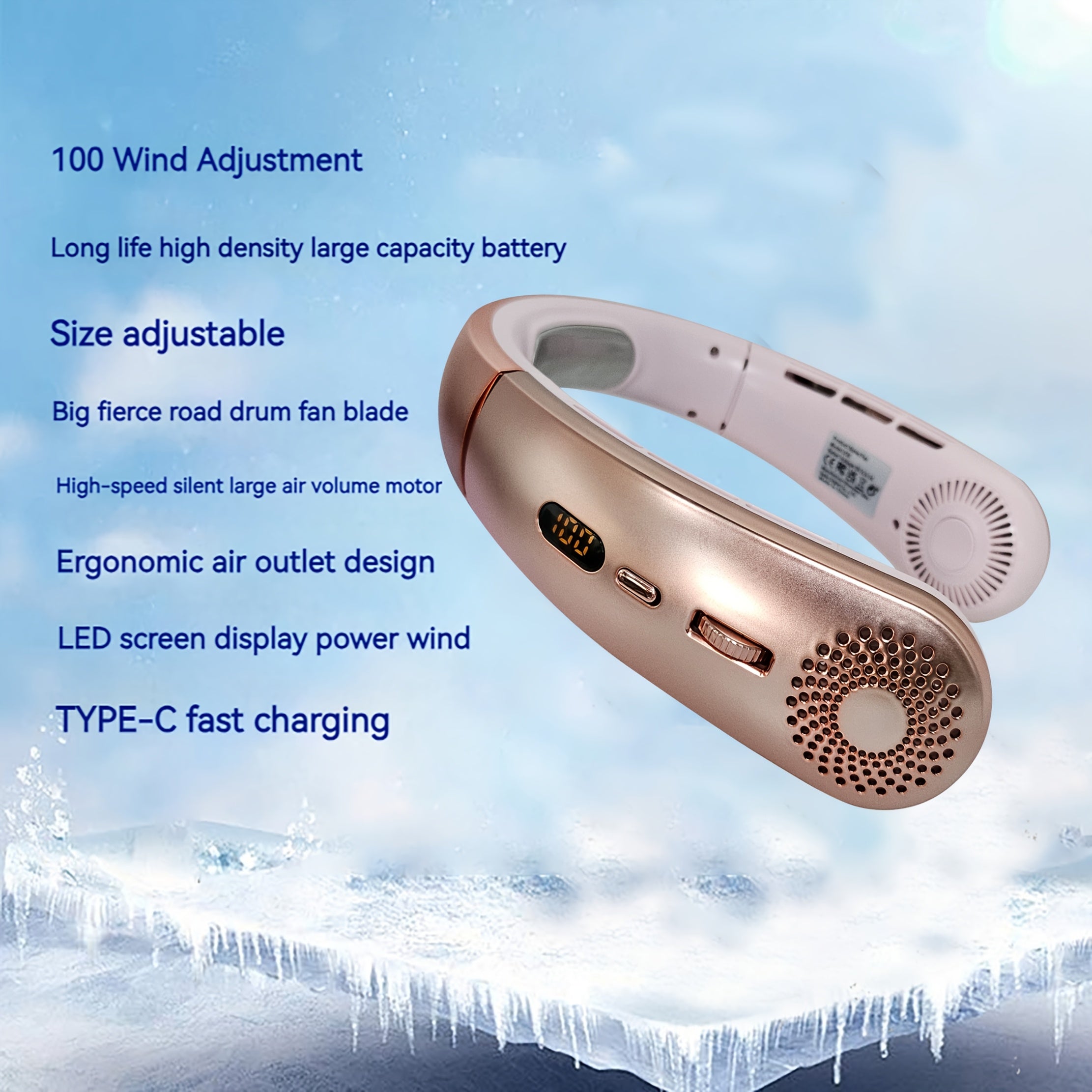 Adjustable USB Neck Fan with LED Display, Silent Operation, 100-Speed Control