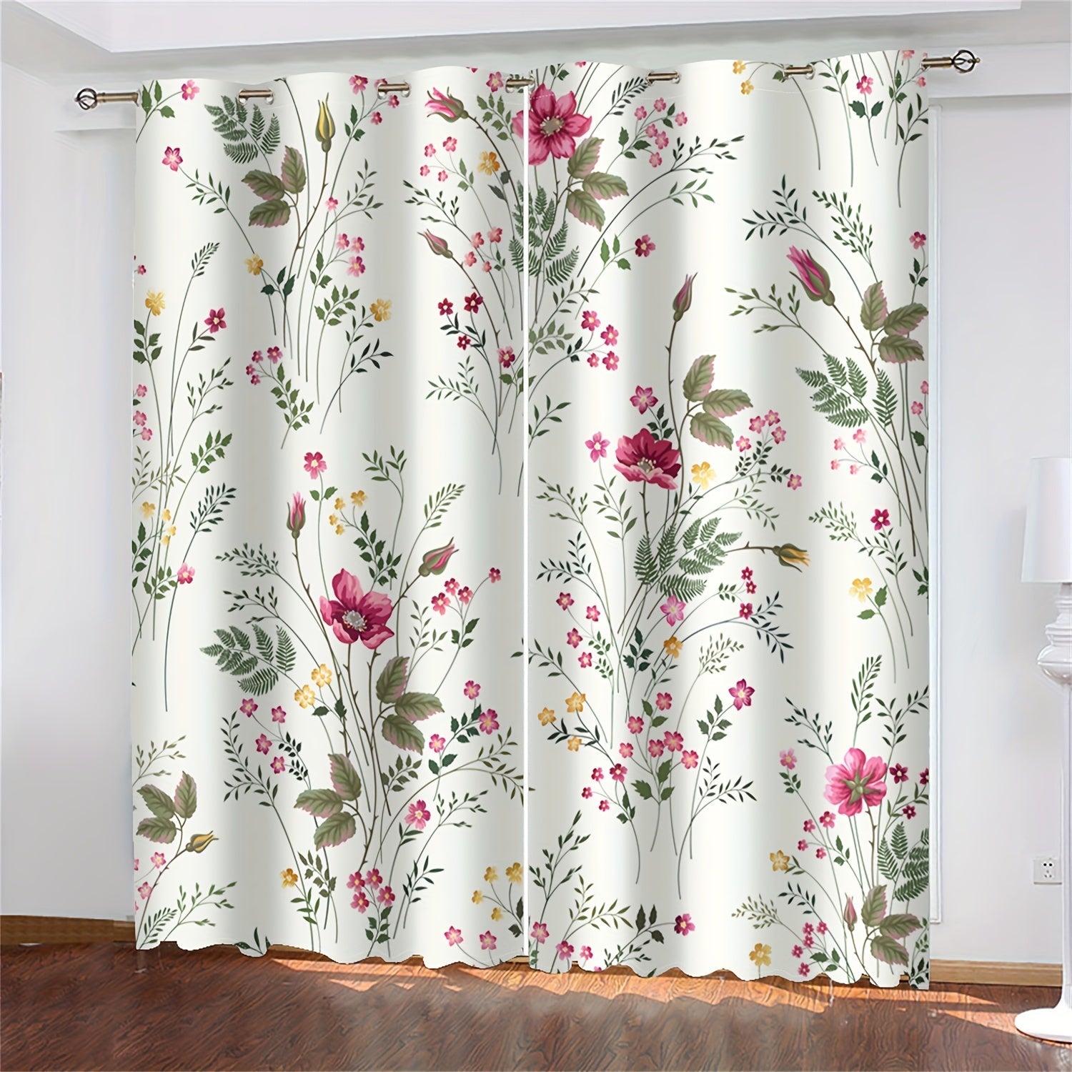 Floral and Green Plant Digital Print Curtains 2-Piece Set Fade-Resistant Machine Washable