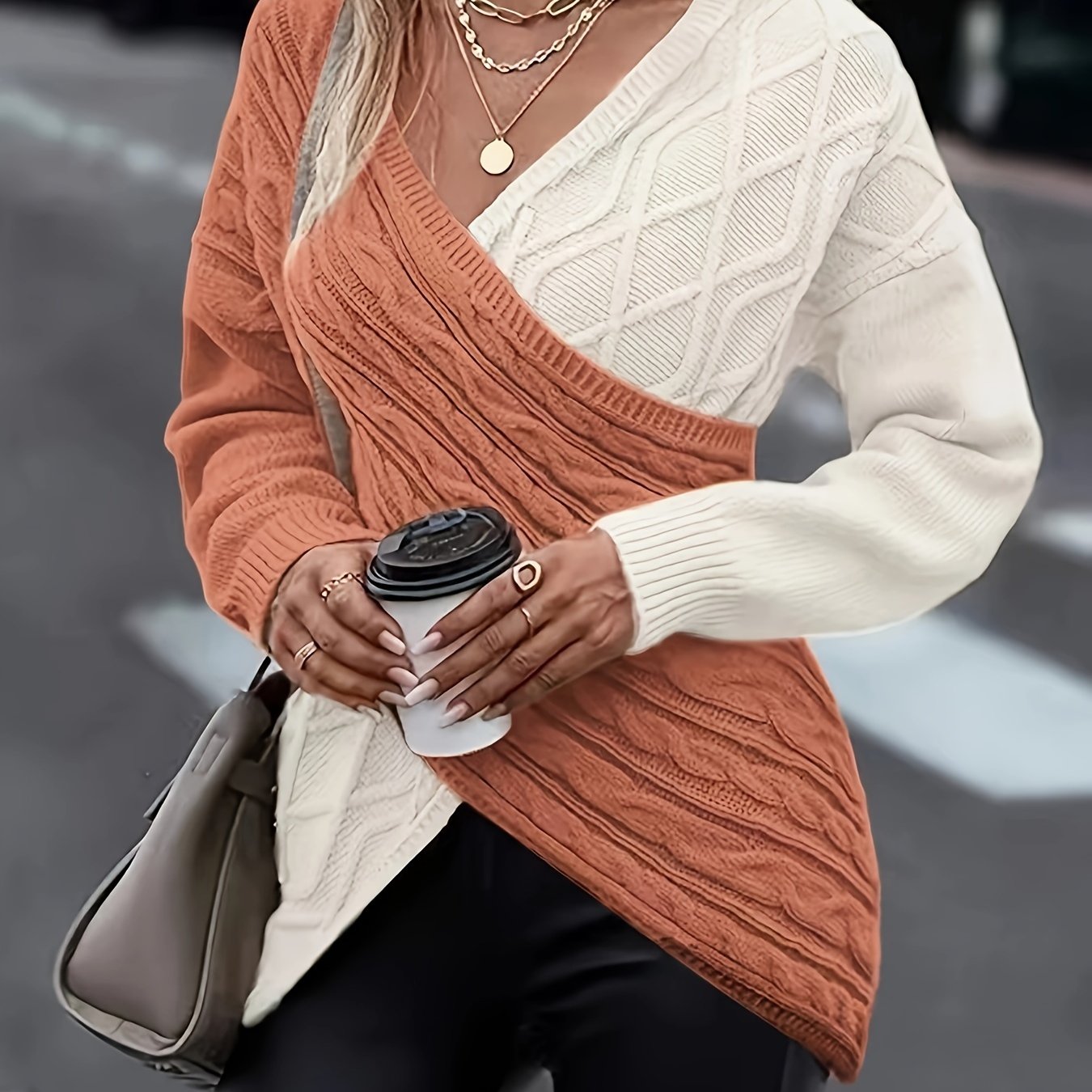 Women's Plus Size Colorblock V-Neck Sweater Long Sleeve Fall Winter