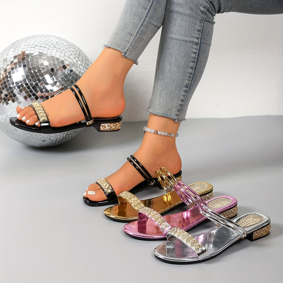 Women's Slip-On Flat Sandals with Crystals, Adjustable Strap, Low Heel