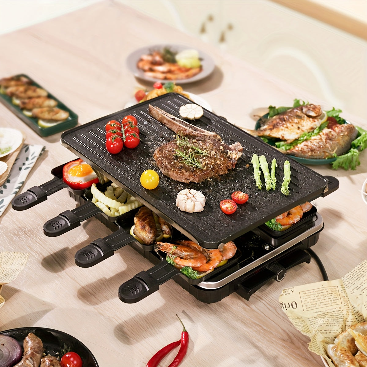 EU Plug Lacolette Grill pan va Slider bilan, 1300 W, mat stainless poʻlat, 4 kishilik uchun mos