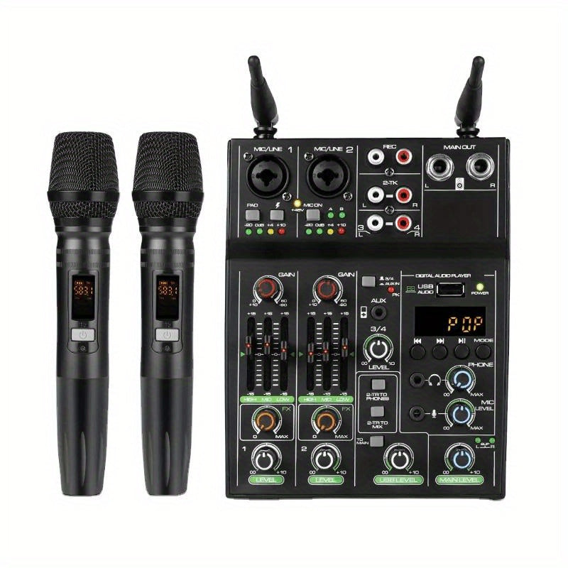 UHF mikrofon tizimi bilan 4-kanalli audio mikser, USB bilan quvvatlanadigan alloy qora, sahna, karaoke, jonli chiqishlar uchun