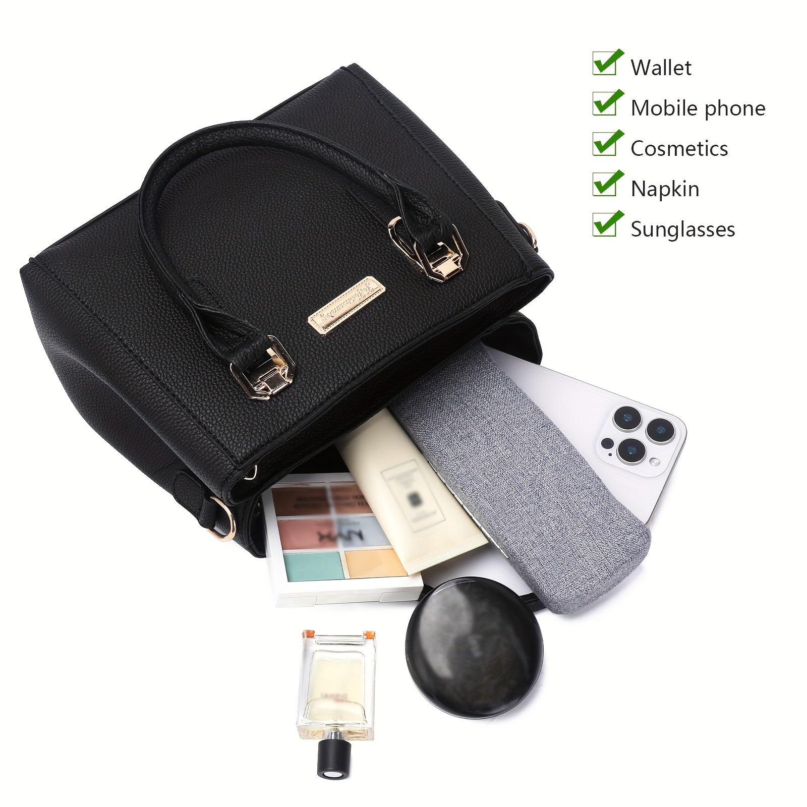 Katta qora to'plam, sozlanadigan yelka tasmasi bilan, minimalist dizayn, kundalik foydalanish yoki 14-fevral sovg'asi sifatida ideal.