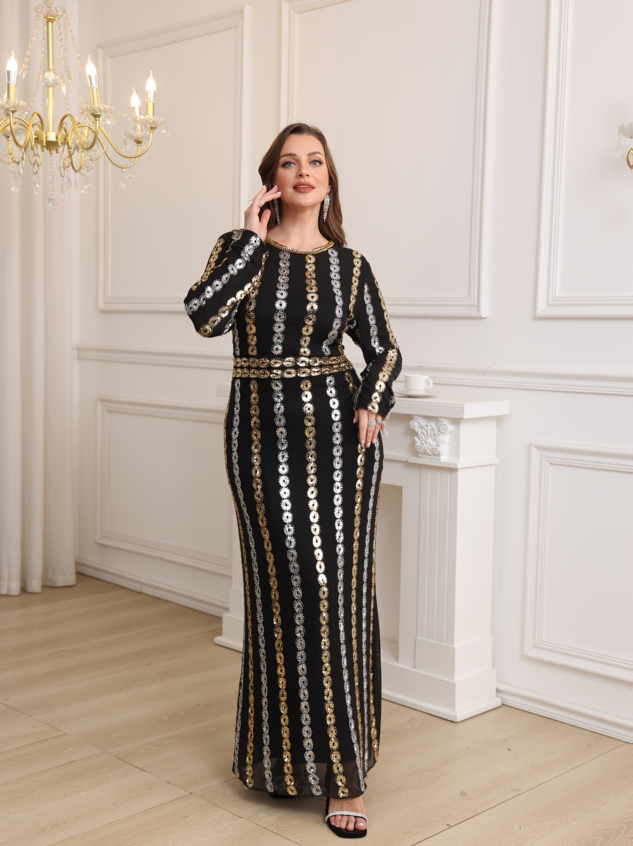 Women's Long Sleeve Sequin Evening Gown for Parties with Round Neckline