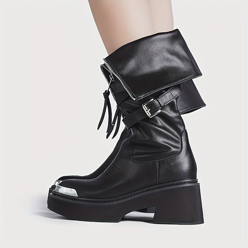 Women's Leather Riding Boots with Zipper and Metal Tips